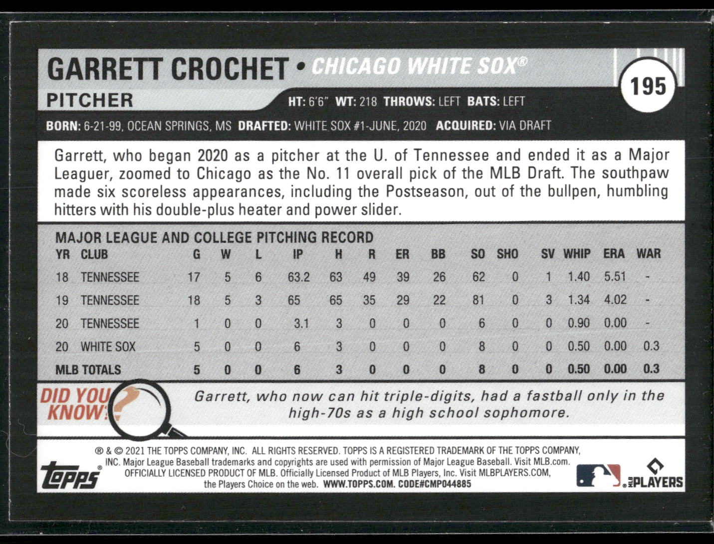 2021 Topps Big League #195 Garrett Crochet