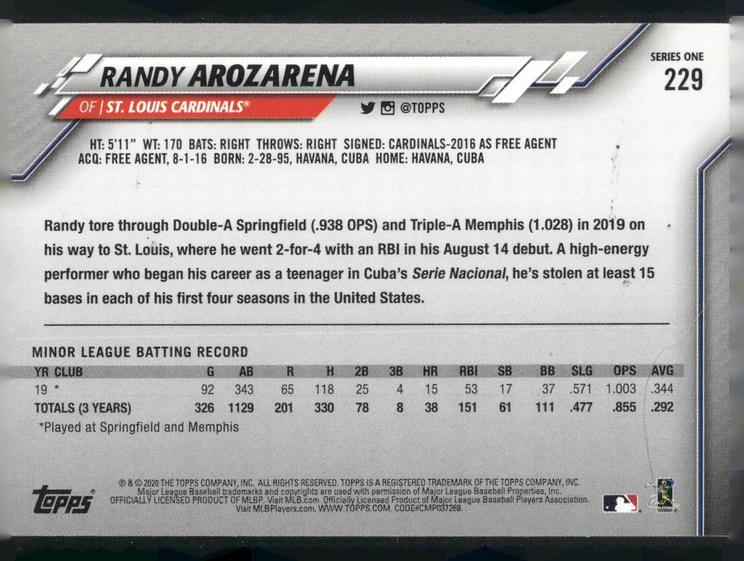 2020 Topps #229 Randy Arozarena
