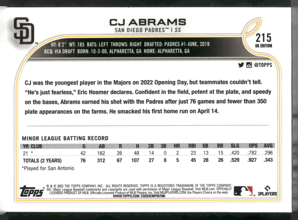 2022 Topps UK Edition #215 CJ Abrams