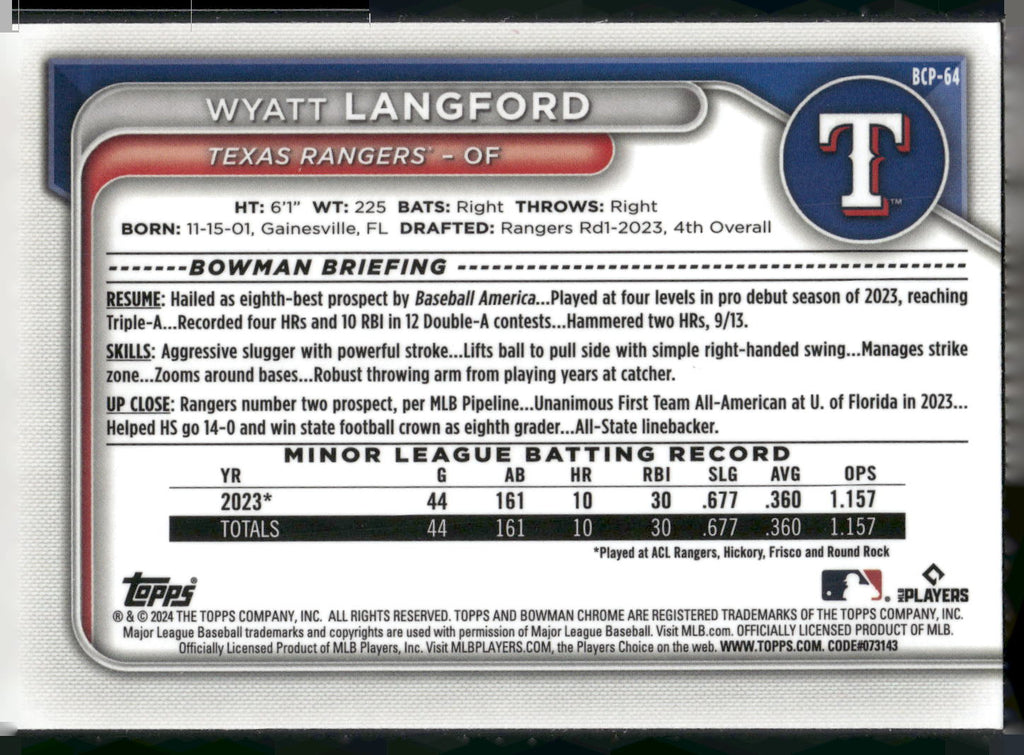 2024 Bowman #BP-64 Wyatt Langford Prospects