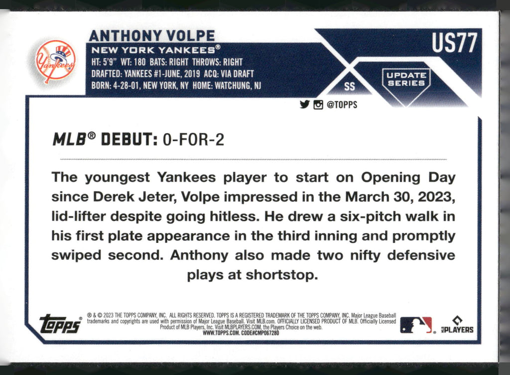 2023 Topps Update #US77 Anthony Volpe
