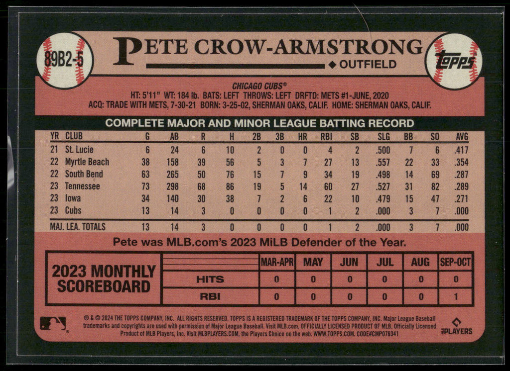2024 Topps #89B2-5 Pete Crow-Armstrong 1989 Topps Baseball 35th