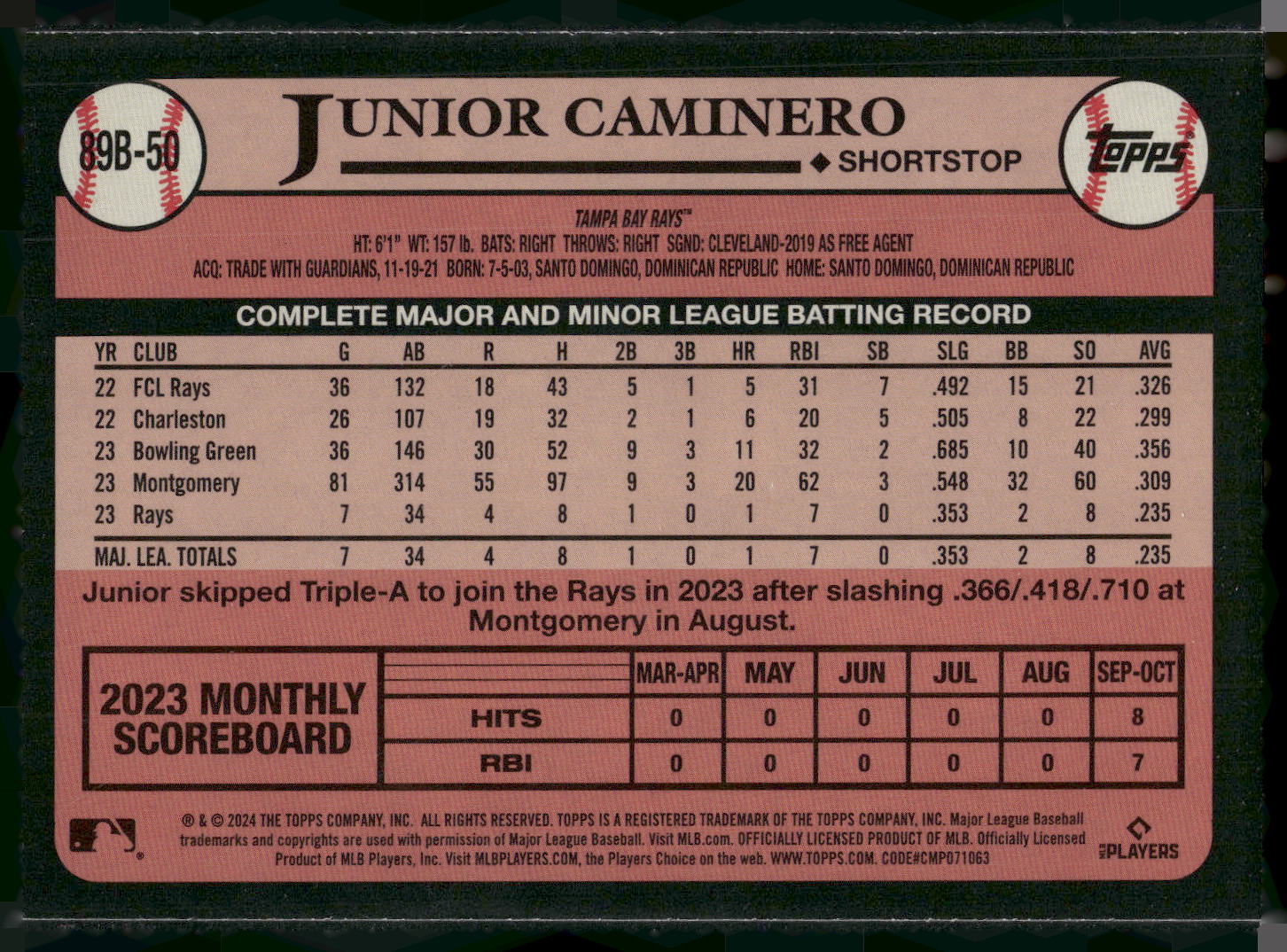 2024 Topps #89B-50 Junior Caminero 1989 Topps Baseball 35th