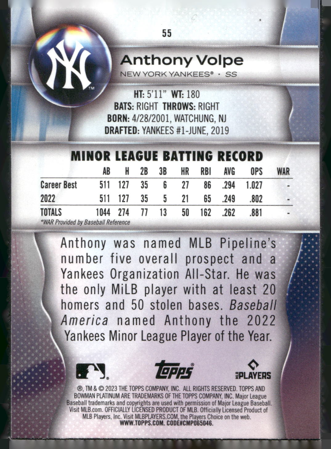 2023 Bowman Platinum #55 Anthony Volpe
