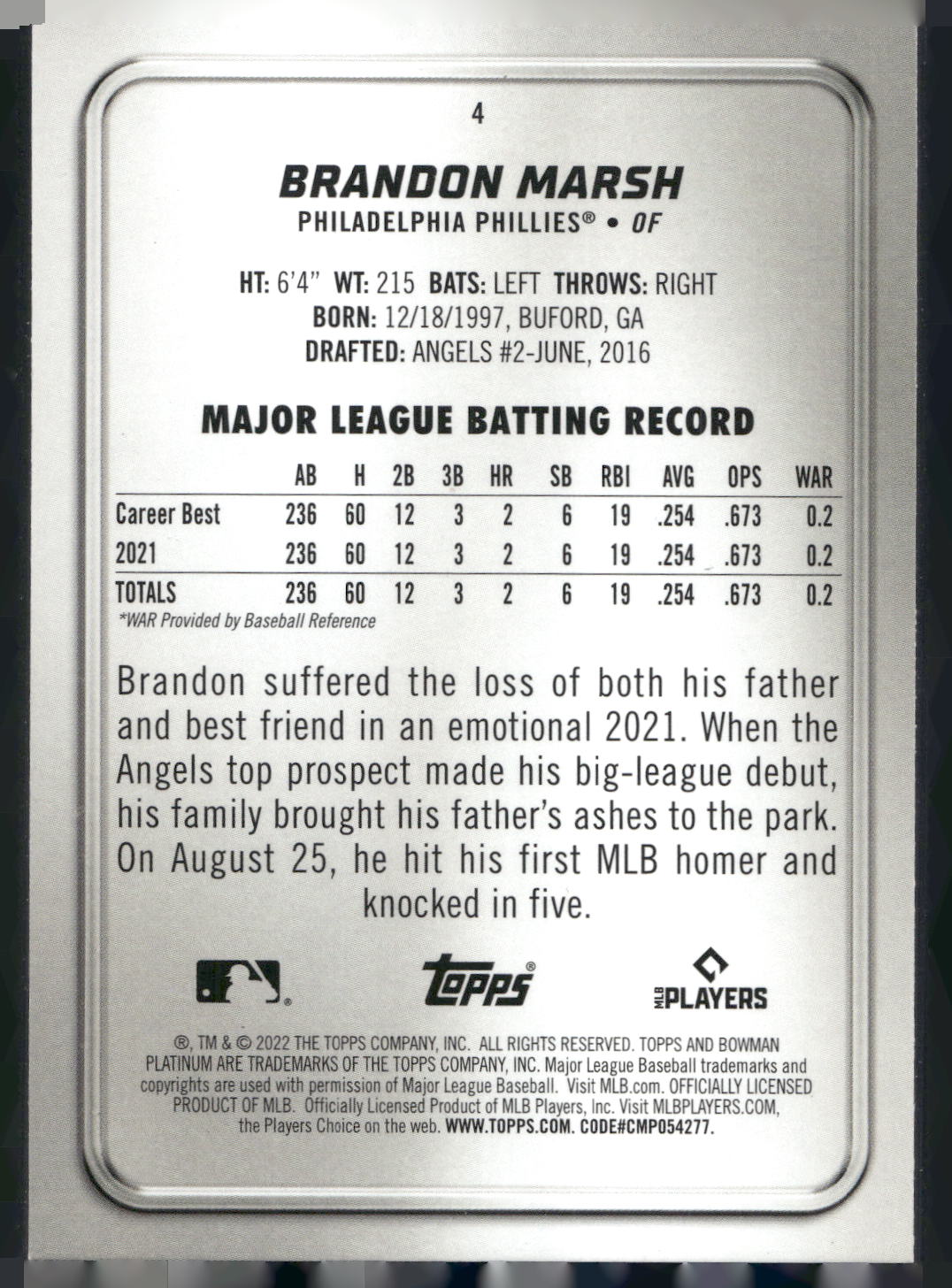 2022 Bowman Platinum #4 Brandon Marsh