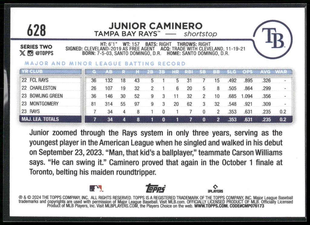 2024 Topps #628 Junior Caminero