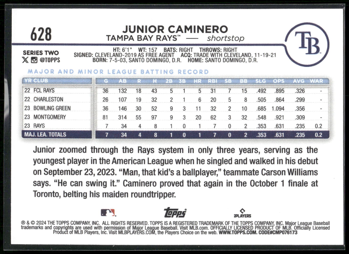 2024 Topps #628 Junior Caminero