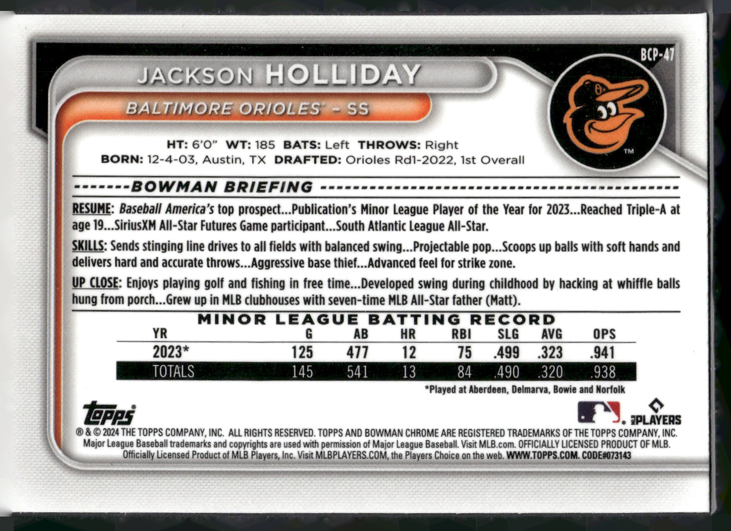2024 Bowman #BCP-47 Jackson Holliday Chrome Prospects