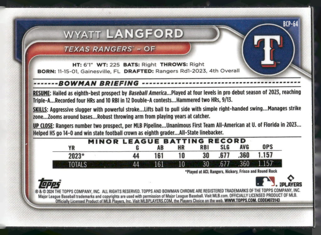 2024 Bowman #BCP-64 Wyatt Langford Chrome Prospects