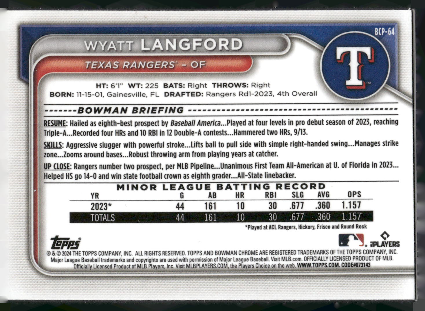 2024 Bowman #BCP-64 Wyatt Langford Chrome Prospects