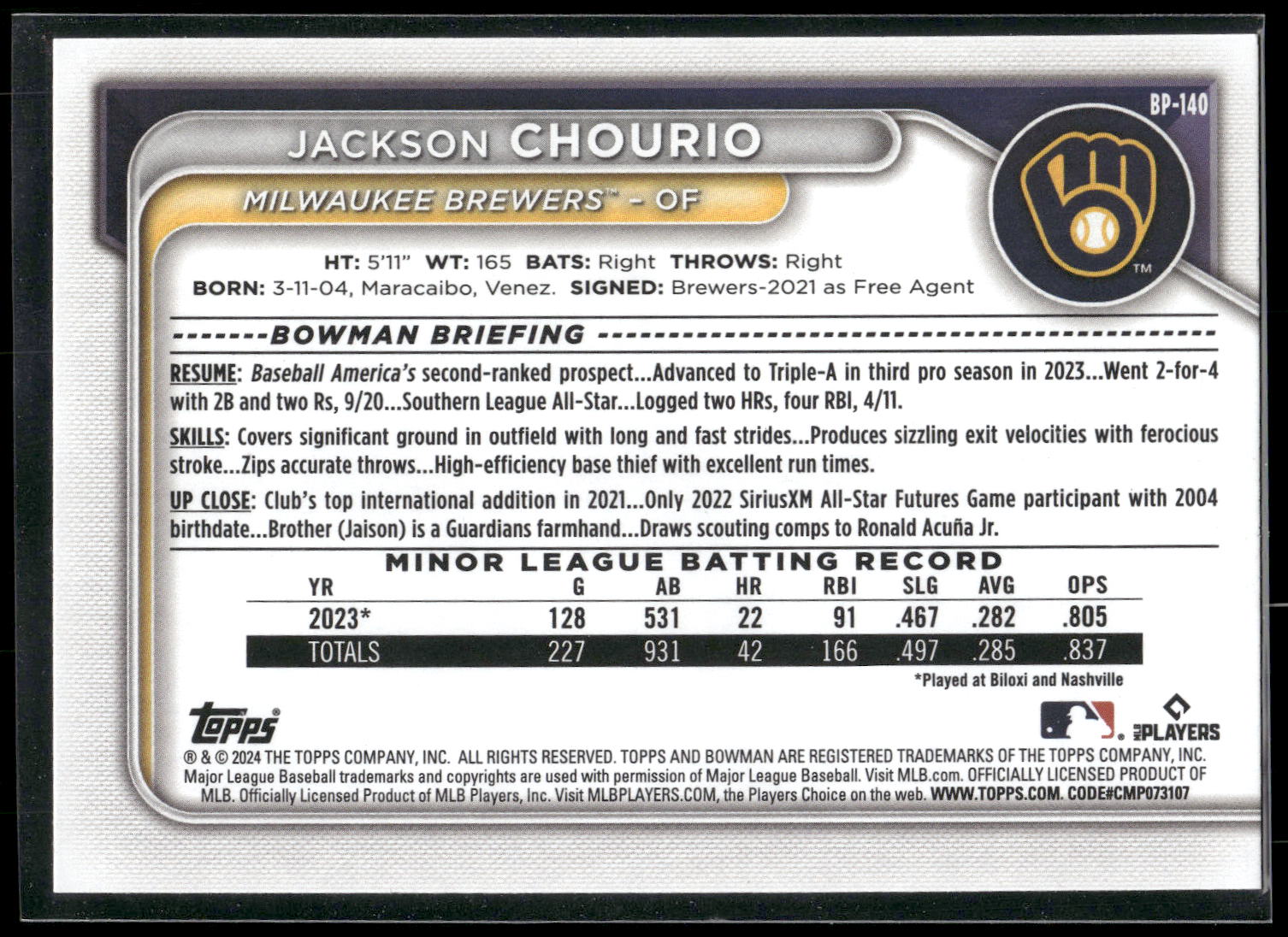 2024 Bowman #BP-140 Jackson Chourio Prospects