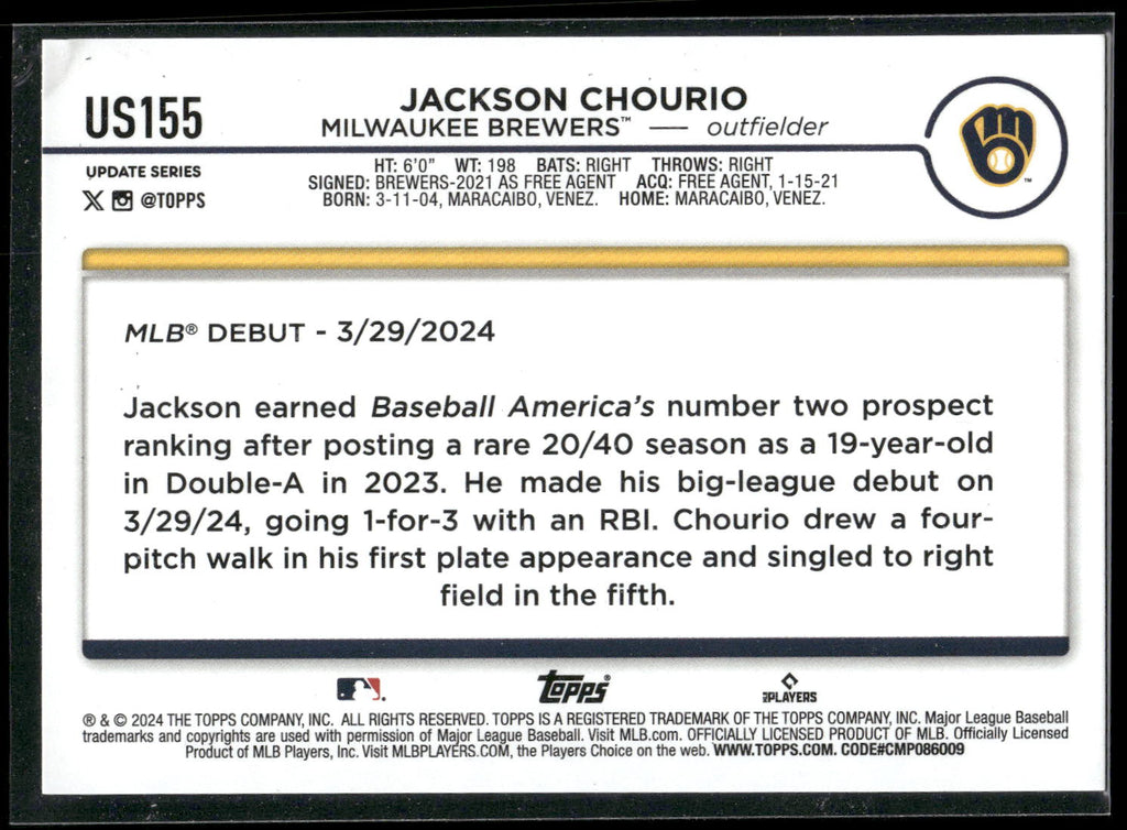 2024 Topps Update #US155 Jackson Chourio