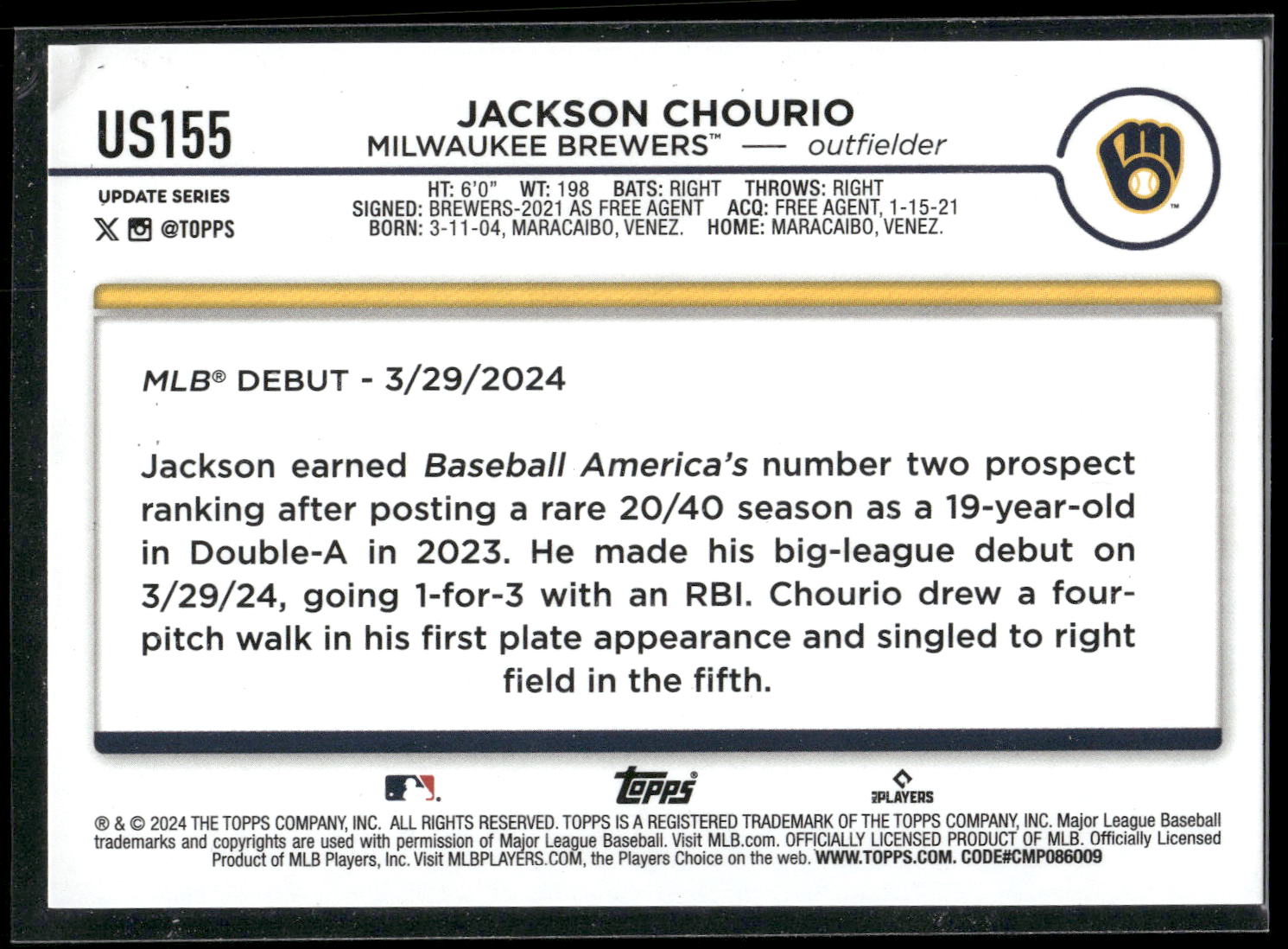 2024 Topps Update #US155 Jackson Chourio