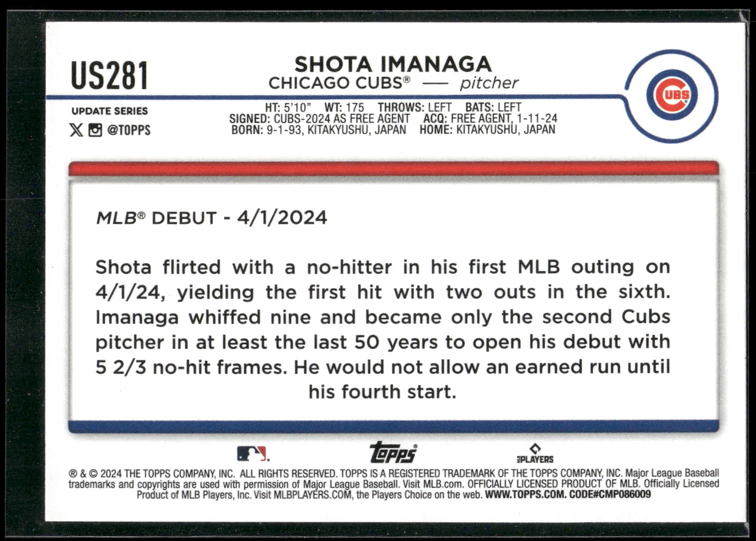2024 Topps Update #US281 Shota Imanaga
