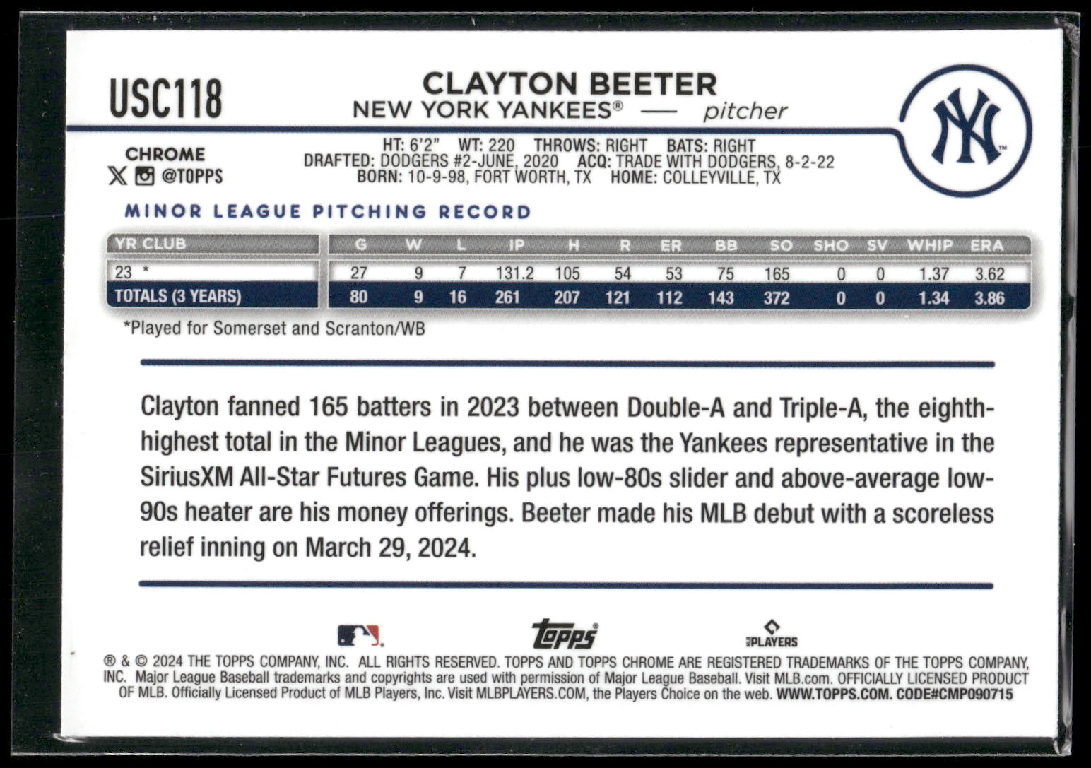 2024 Topps Chrome Update #USC118 Clayton Beeter
