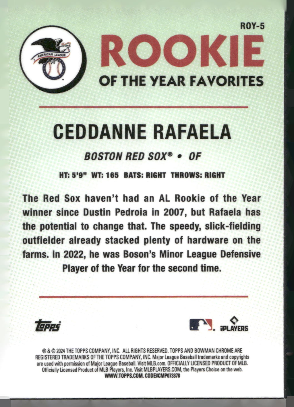 2024 Bowman #ROY-5 Ceddanne Rafaela Rookie of the Year Favorites Mojo Refractors
