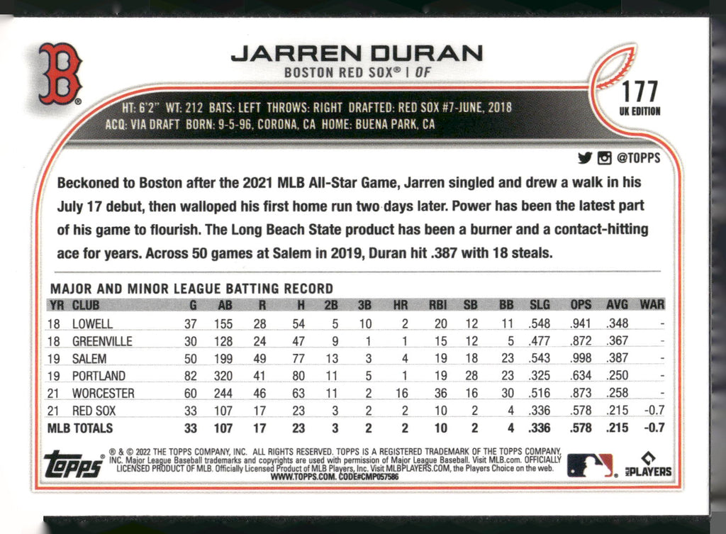 2022 Topps UK Edition #177 Jarren Duran