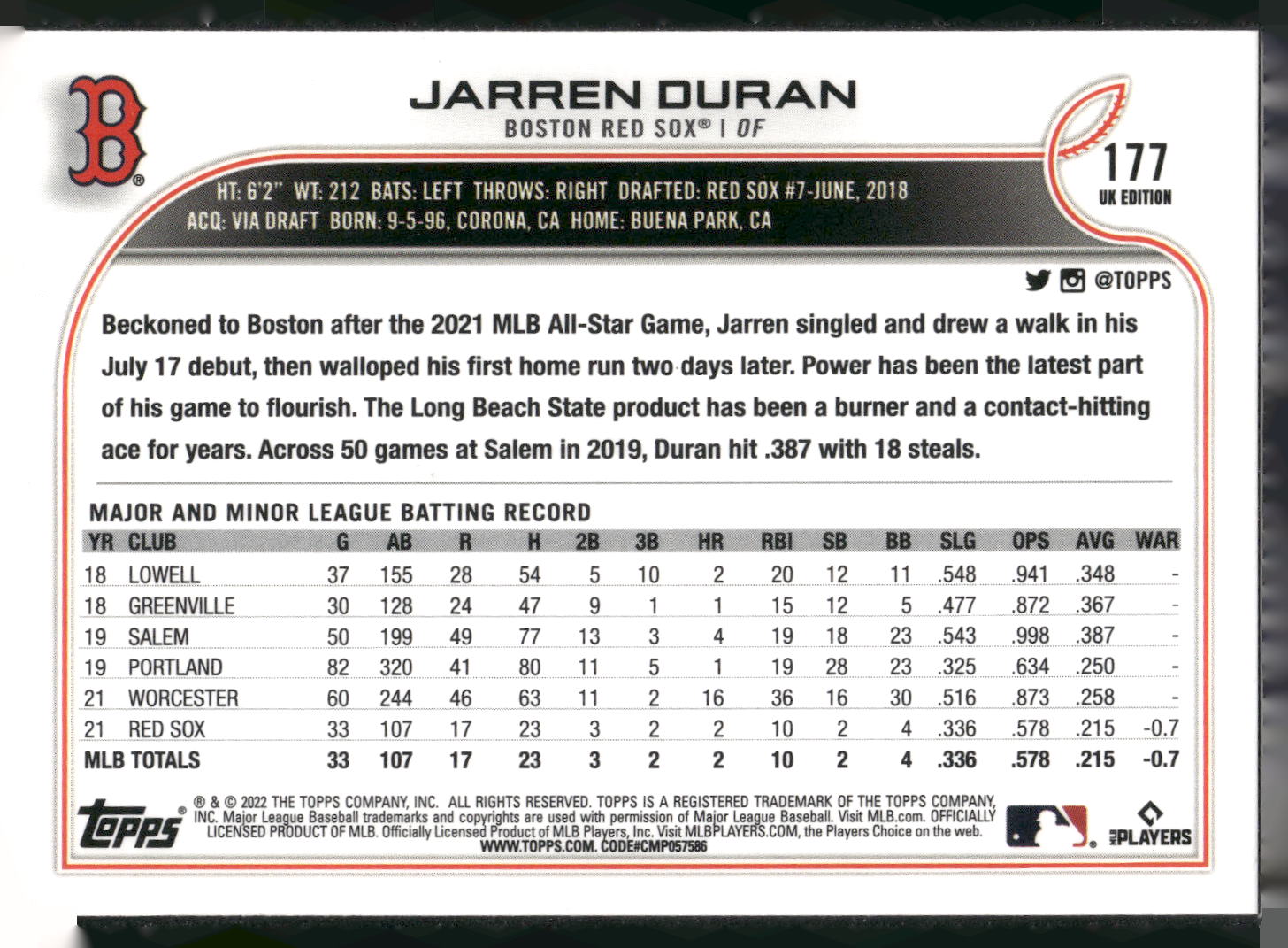 2022 Topps UK Edition #177 Jarren Duran
