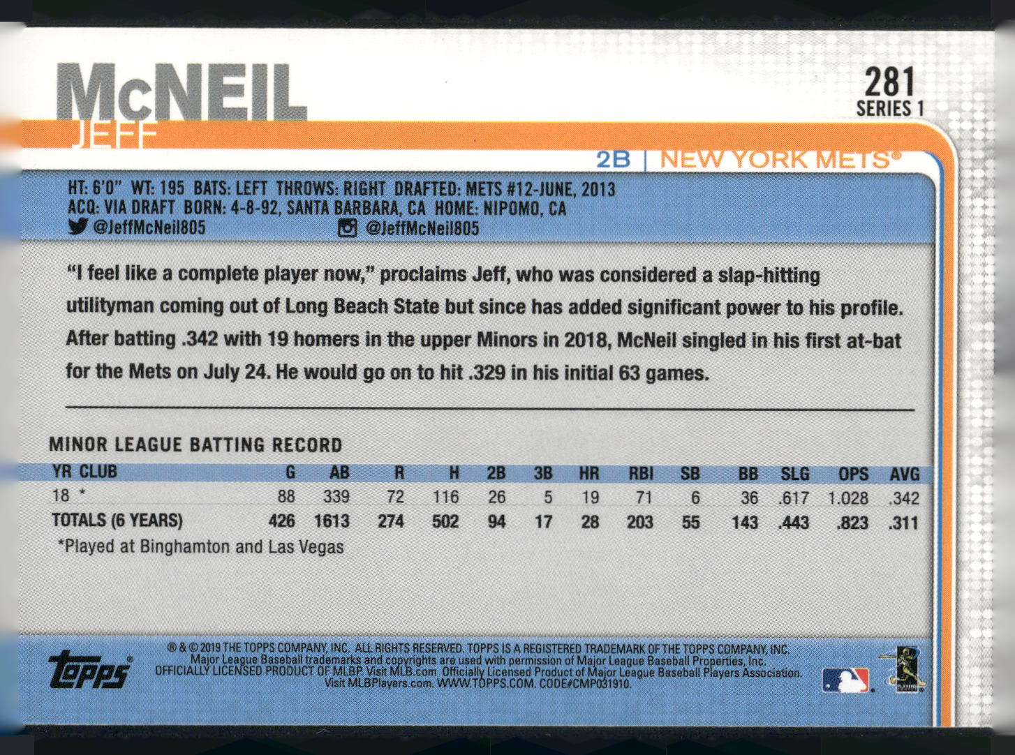 2019 Topps #281 Jeff McNeil