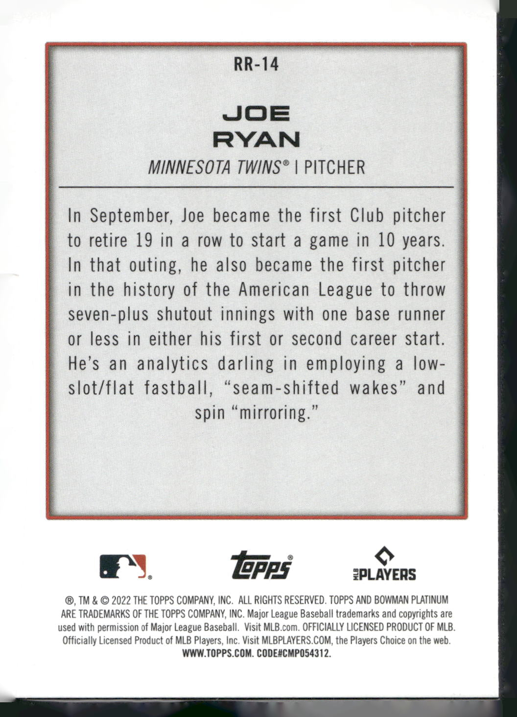 2022 Bowman Platinum #RR-14 Joe Ryan Renowned Rookies