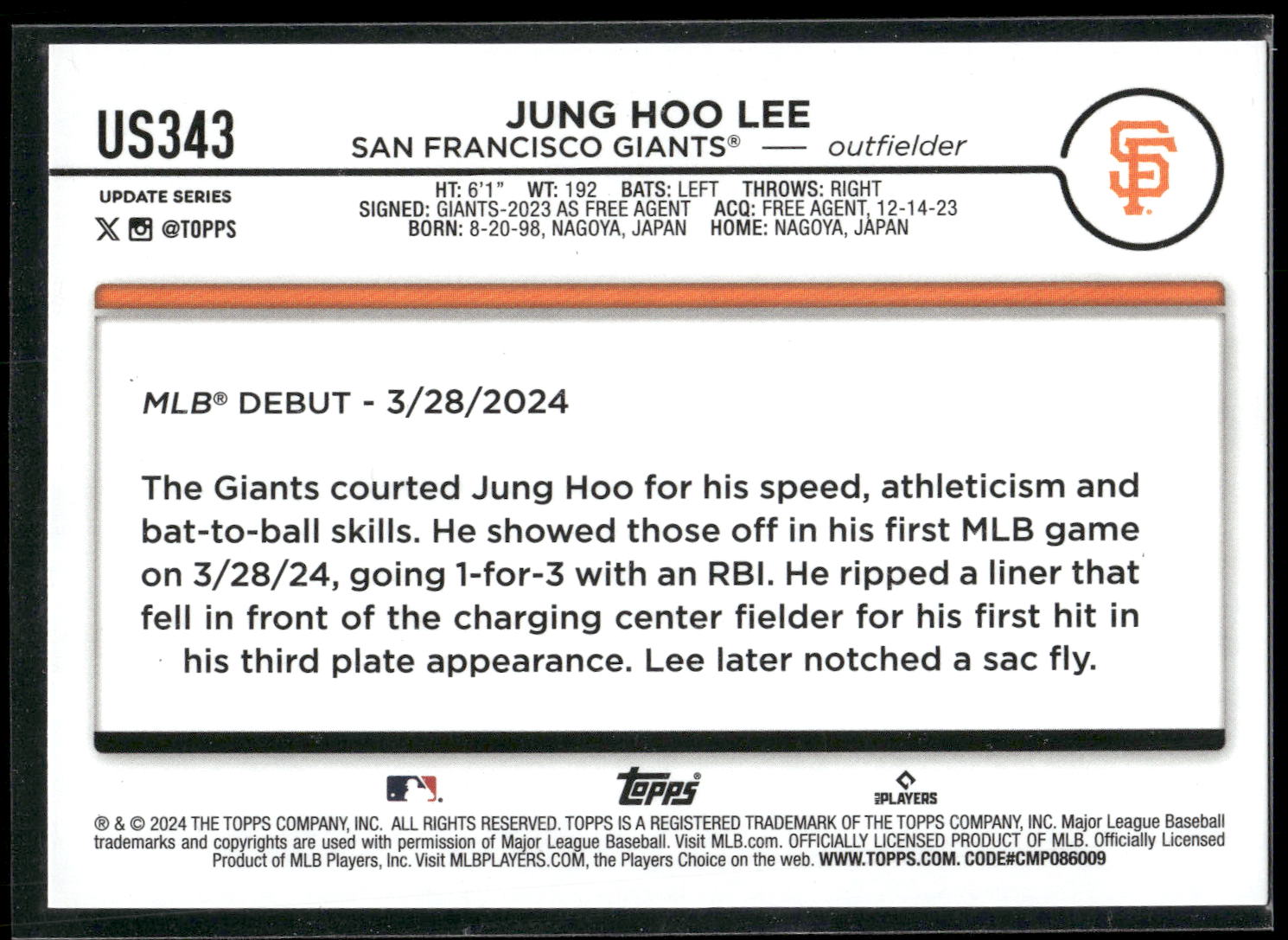 2024 Topps Update #US343 Jung Hoo Lee
