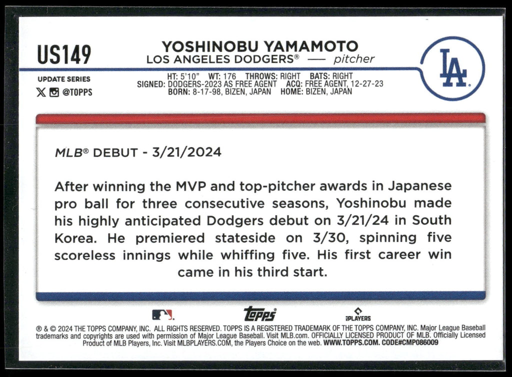 2024 Topps Update #US149 Yoshinobu Yamamoto