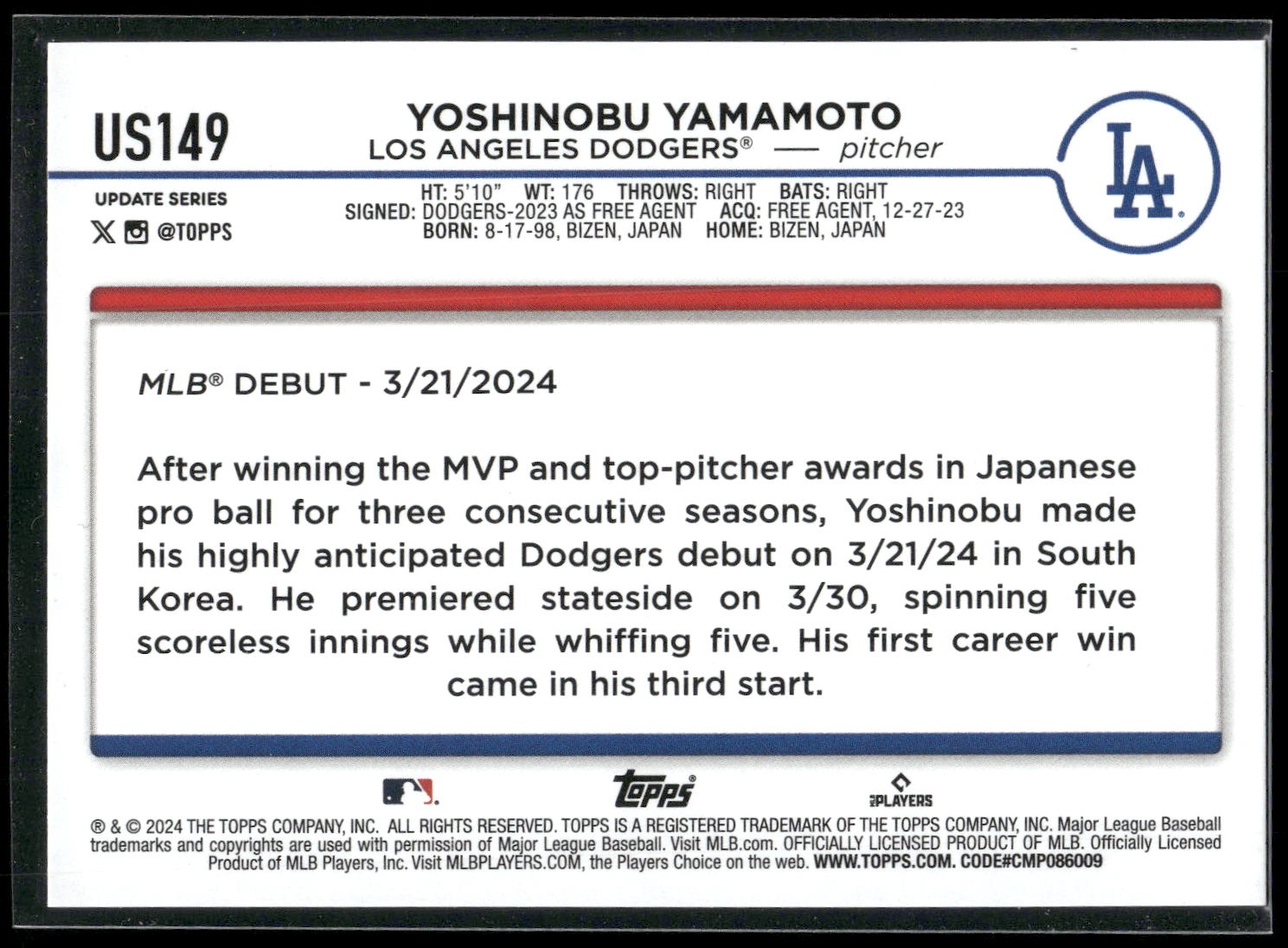 2024 Topps Update #US149 Yoshinobu Yamamoto