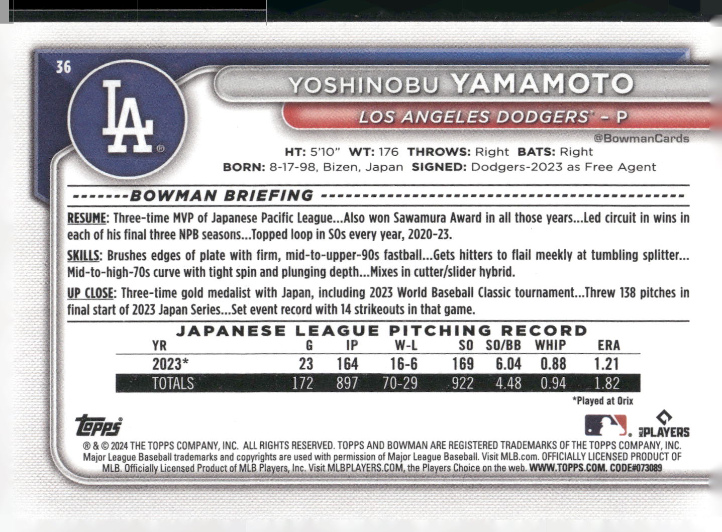 2024 Bowman #36 Yoshinobu Yamamoto