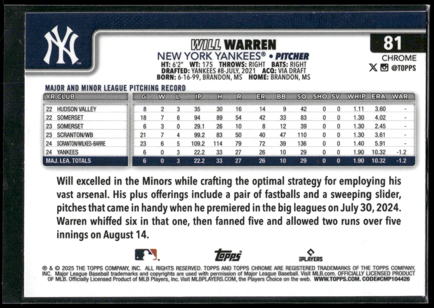 2025 Topps Chrome #81 Will Warren Refractors