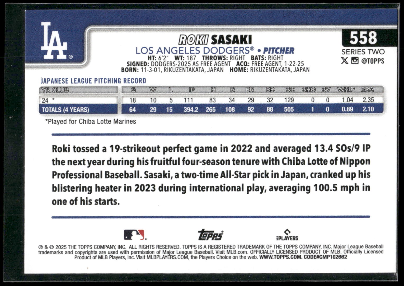 2025 Topps #558 Roki Sasaki