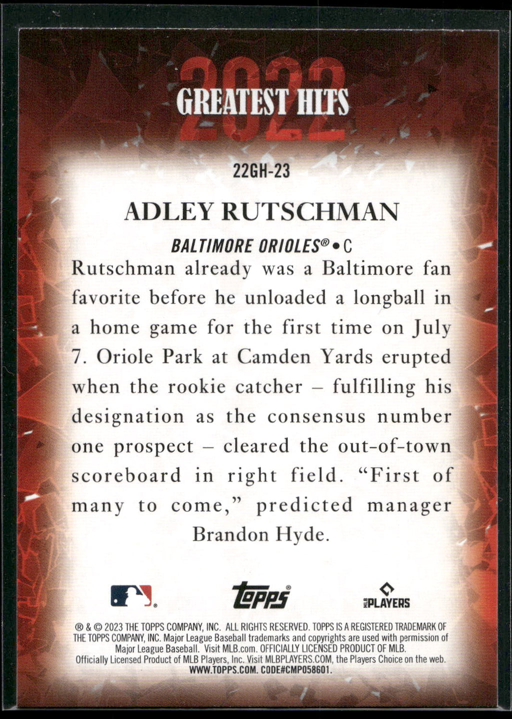 2023 Topps #22GH-23 Adley Rutschman 2022 Greatest Hits