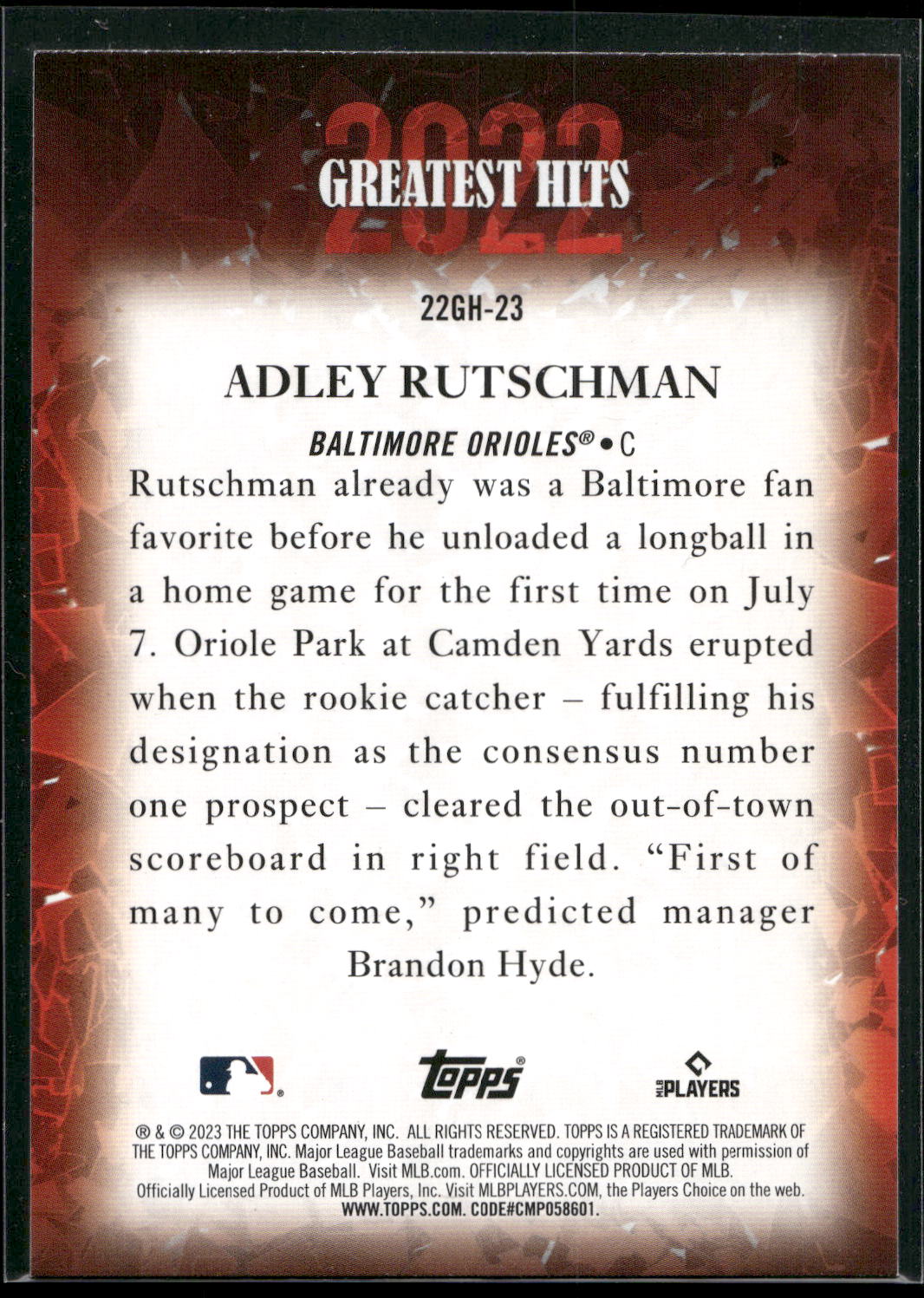 2023 Topps #22GH-23 Adley Rutschman 2022 Greatest Hits