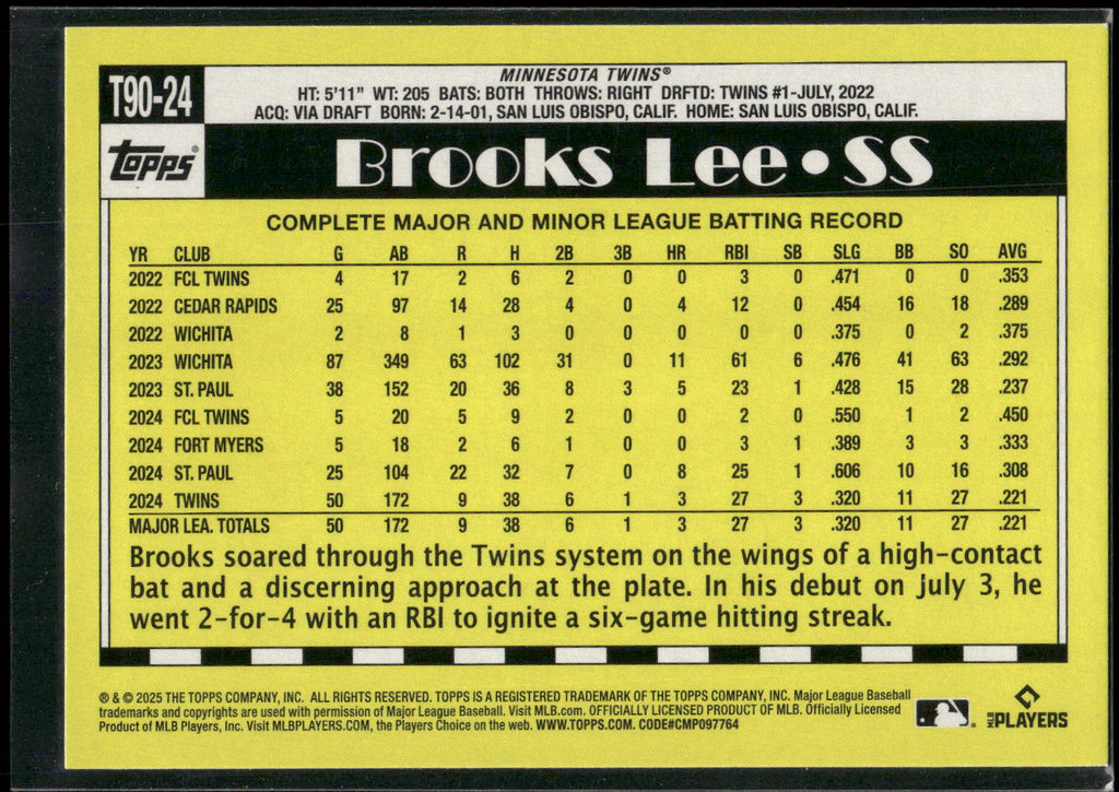 2025 Topps #T90-24 Brooks Lee 1990 Topps Baseball 35th Anniversary (Series One)
