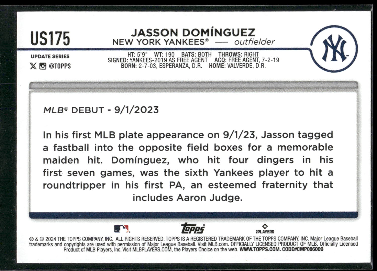 2024 Topps Update #US175 Jasson Domínguez