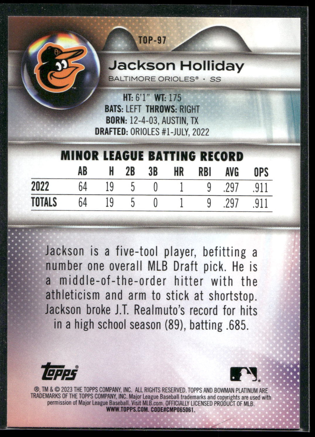 2023 Bowman Platinum #TOP-97 Jackson Holliday Top Prospects