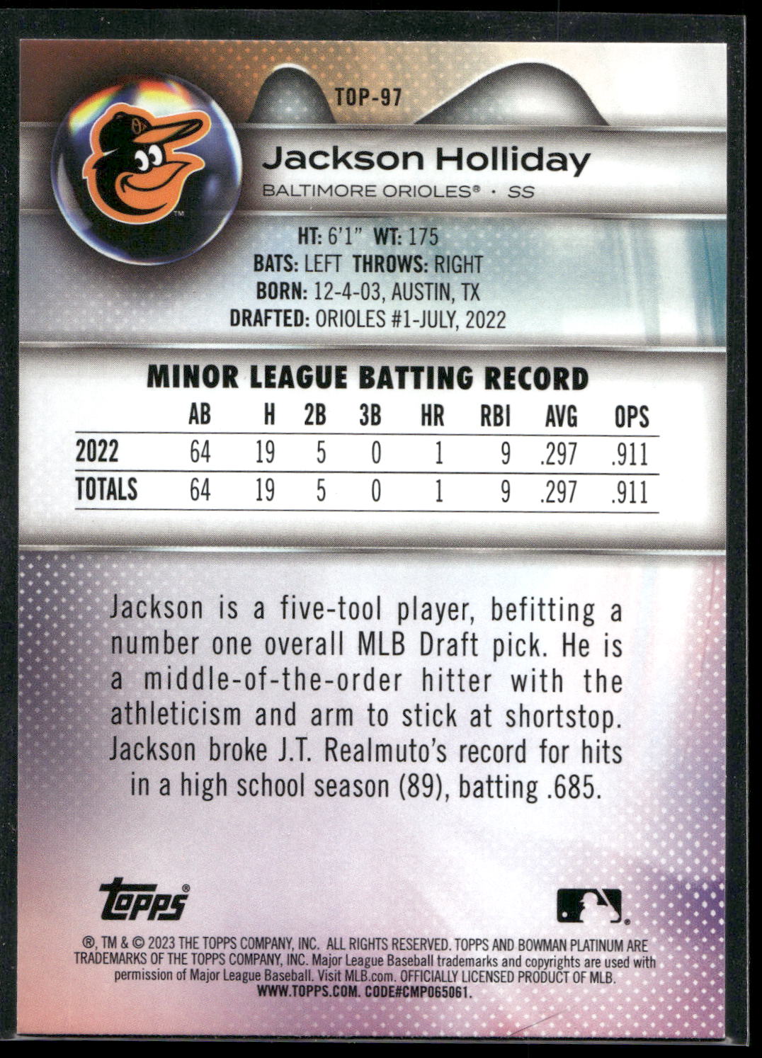 2023 Bowman Platinum #TOP-97 Jackson Holliday Top Prospects