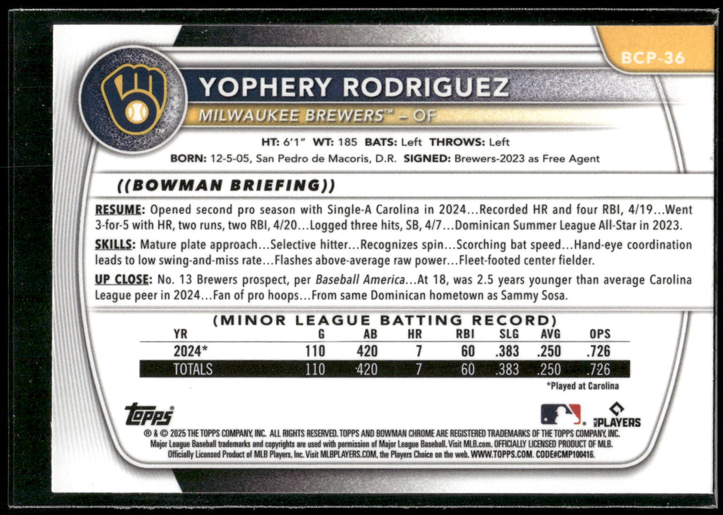 2025 Bowman #BCP-36 Yophery Rodriguez Chrome Prospects Reptilian Refractor