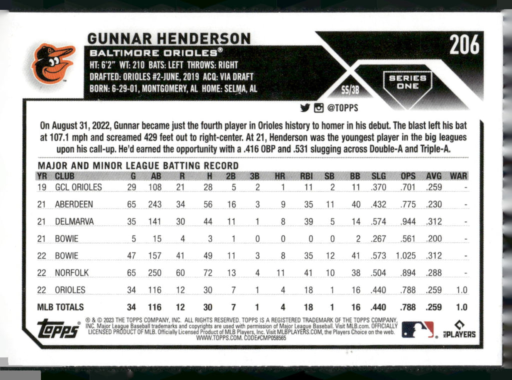 2023 Topps #206 Gunnar Henderson