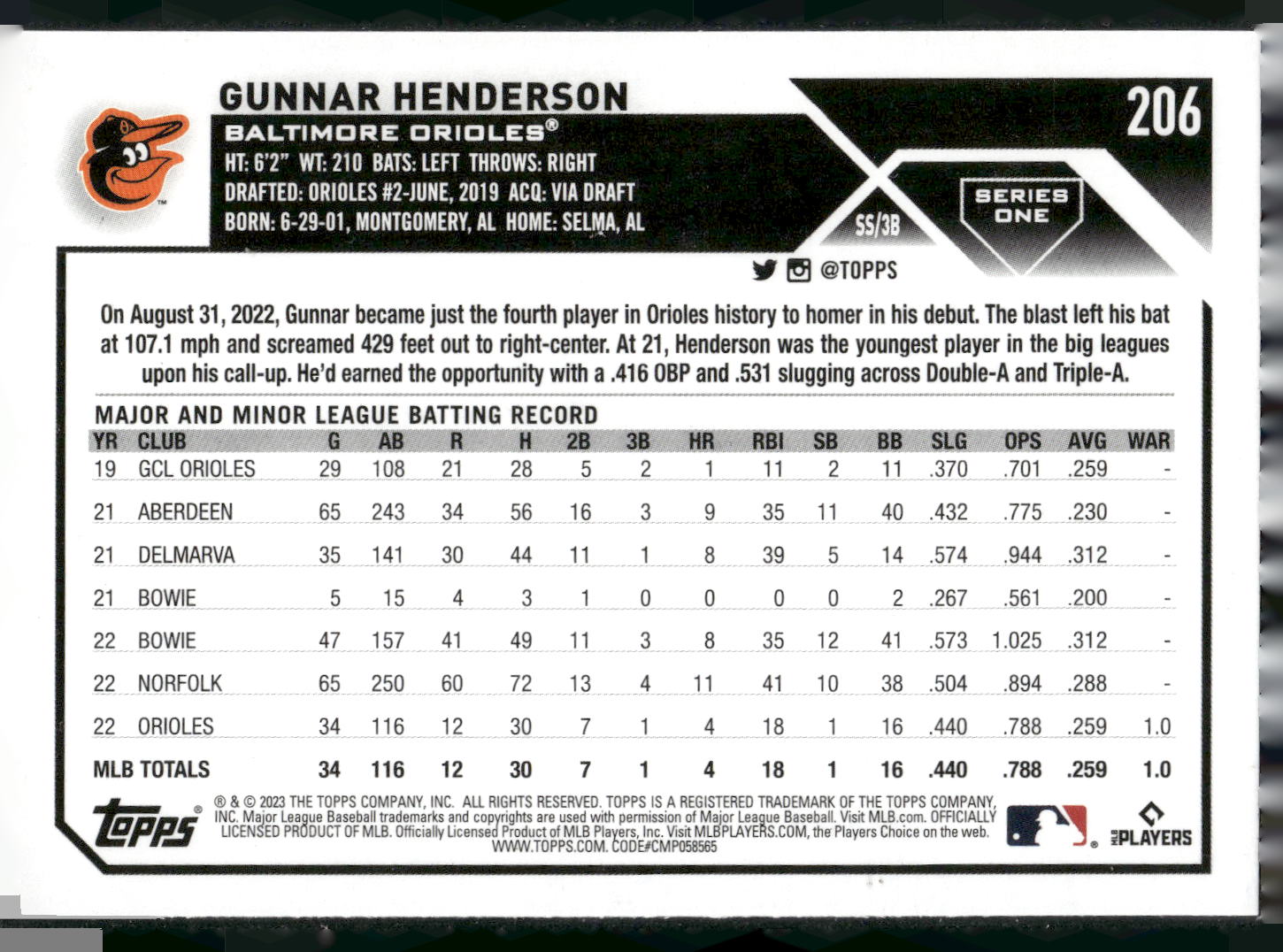 2023 Topps #206 Gunnar Henderson
