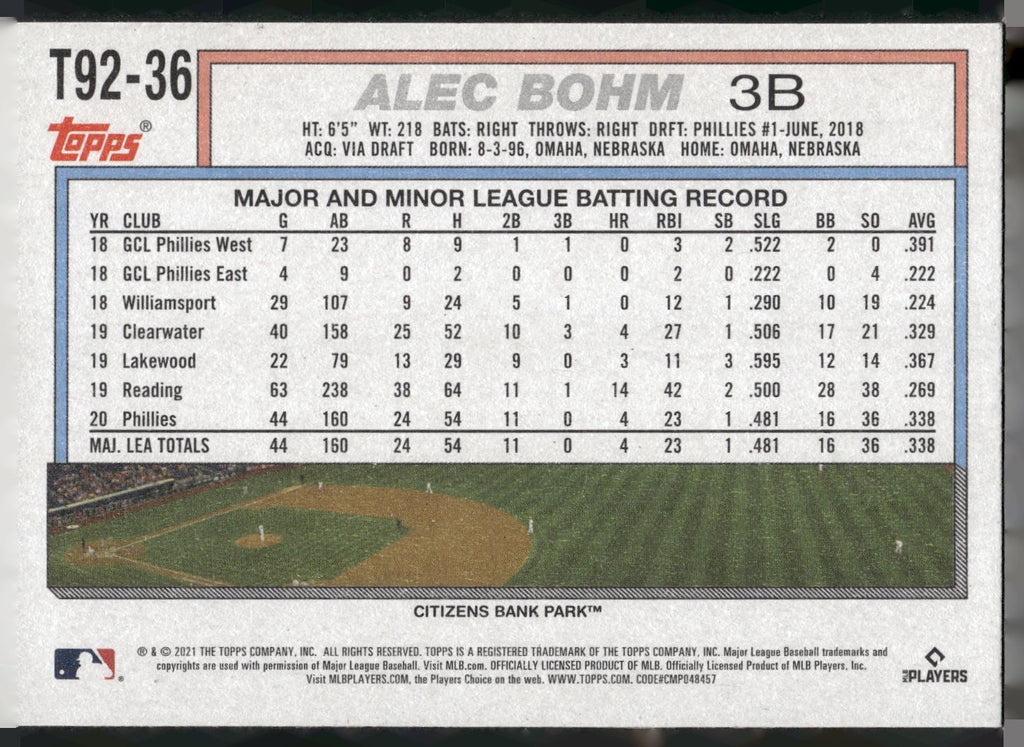 2021 Topps Update #T92-36 Alec Bohm 1992 Topps Redux