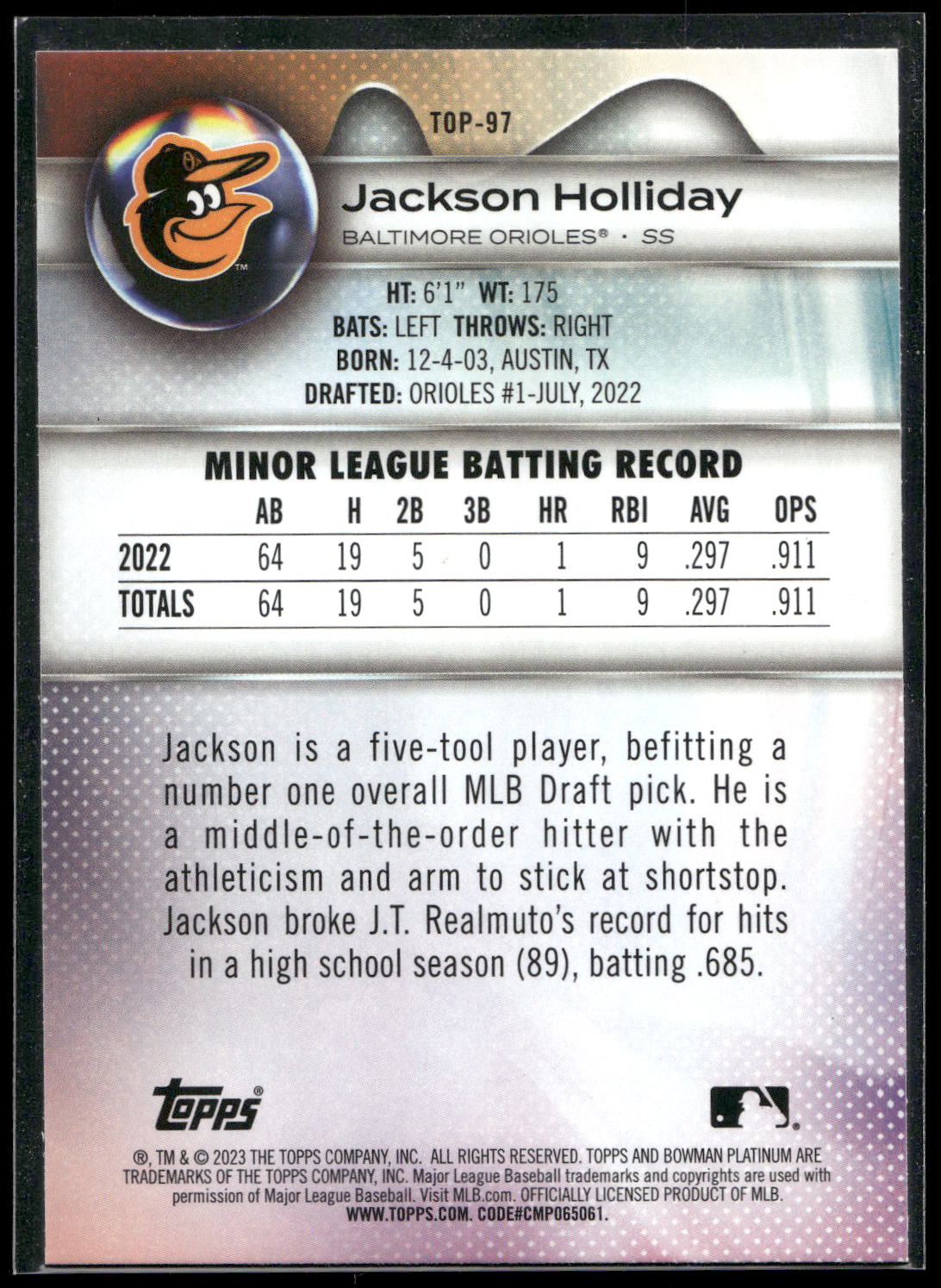 2023 Bowman Platinum #TOP-97 Jackson Holliday Top Prospects