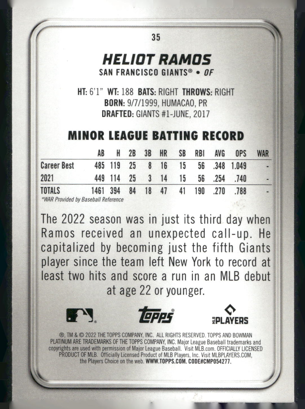 2022 Bowman Platinum #35 Heliot Ramos