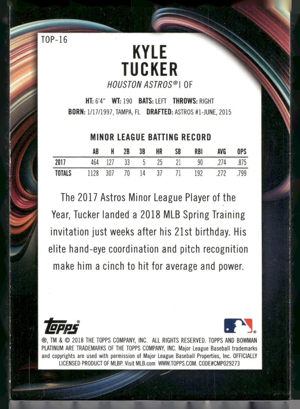 2018 Bowman Platinum #TOP-16 Kyle Tucker Top Prospects