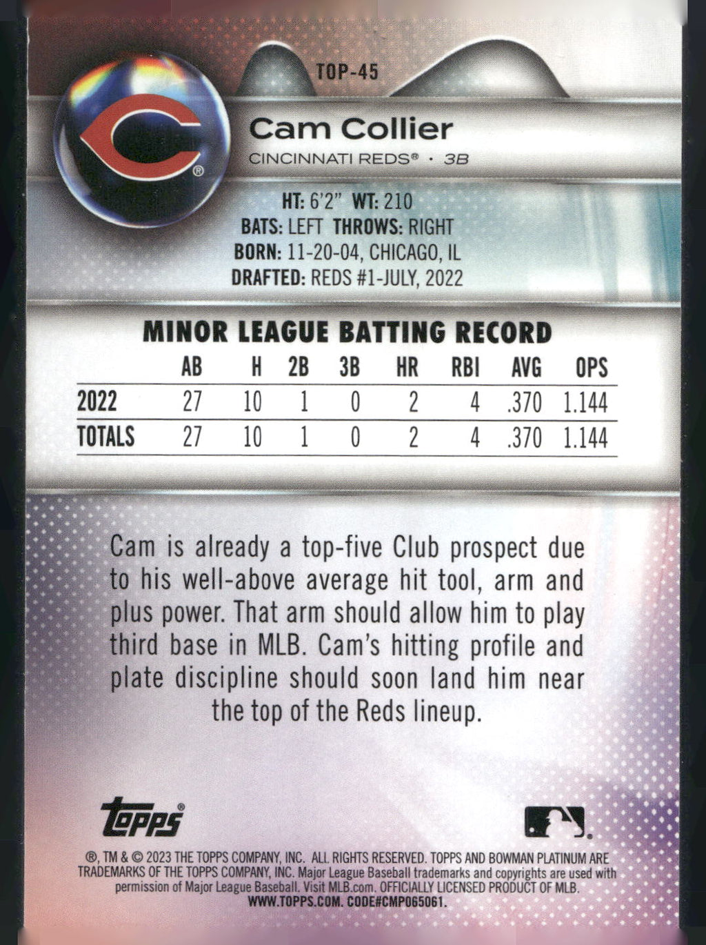 2023 Bowman Platinum #TOP-45 Cam Collier Top Prospects Ice Foil