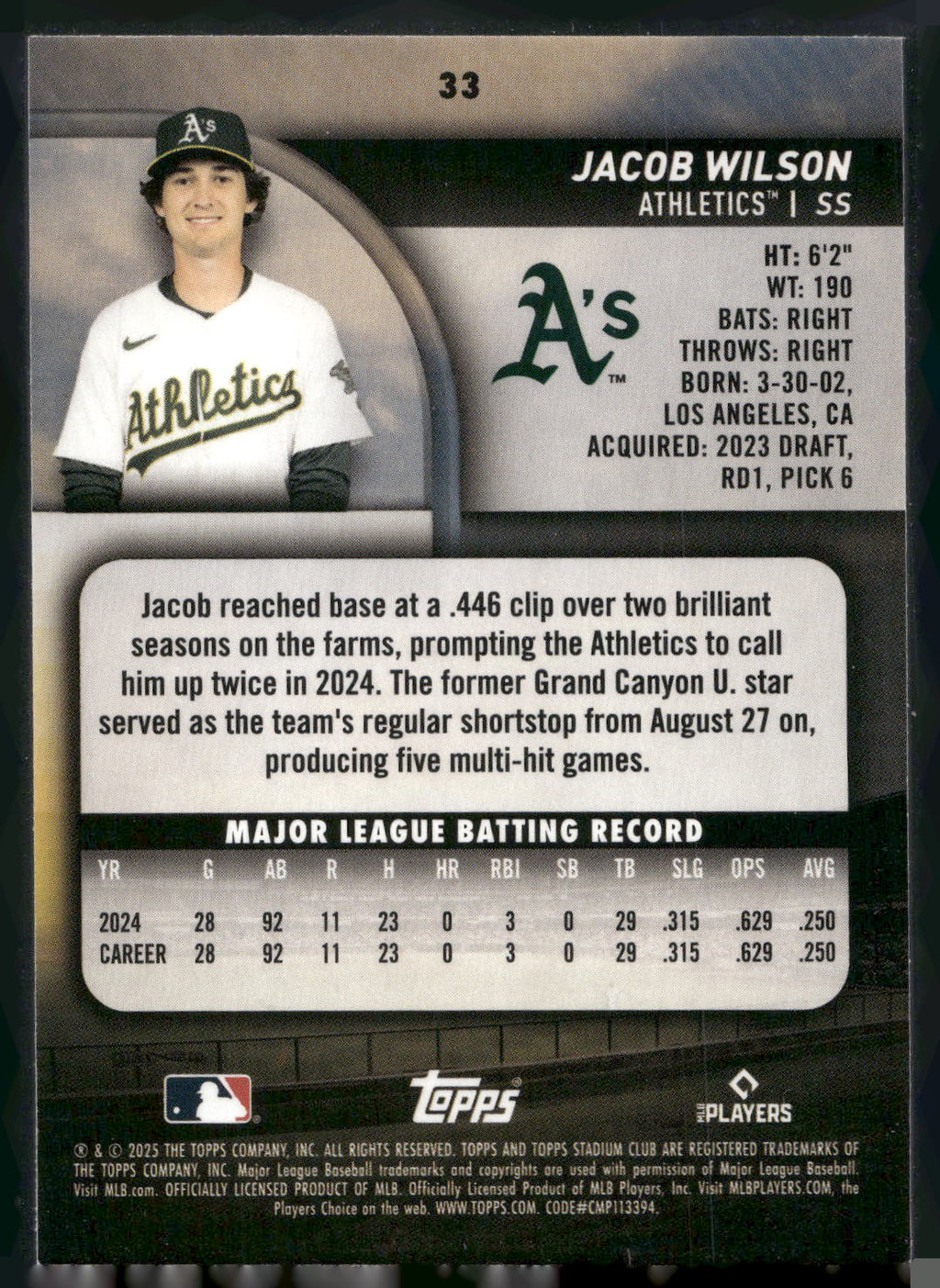 2025 Stadium Club #33 Jacob Wilson