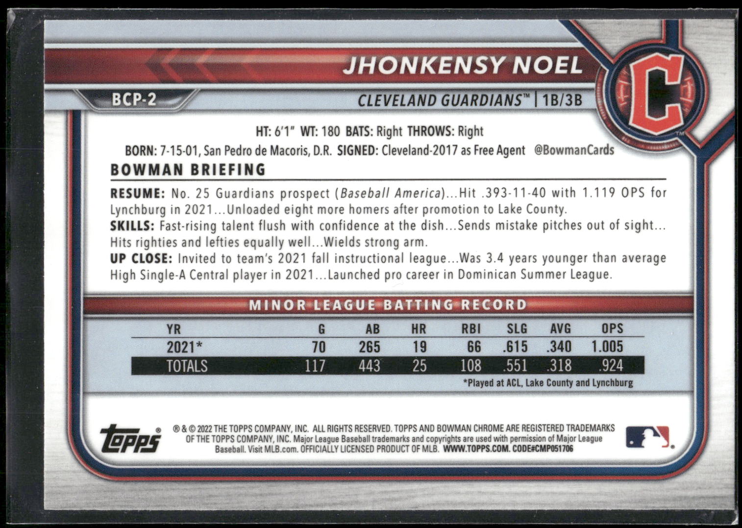 2022 Bowman #BCP-2 Jhonkensy Noel Chrome Prospects