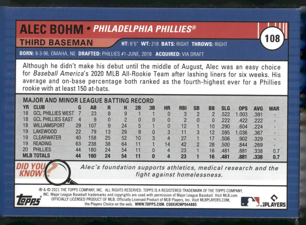 2021 Topps Big League #108 Alec Bohm Orange