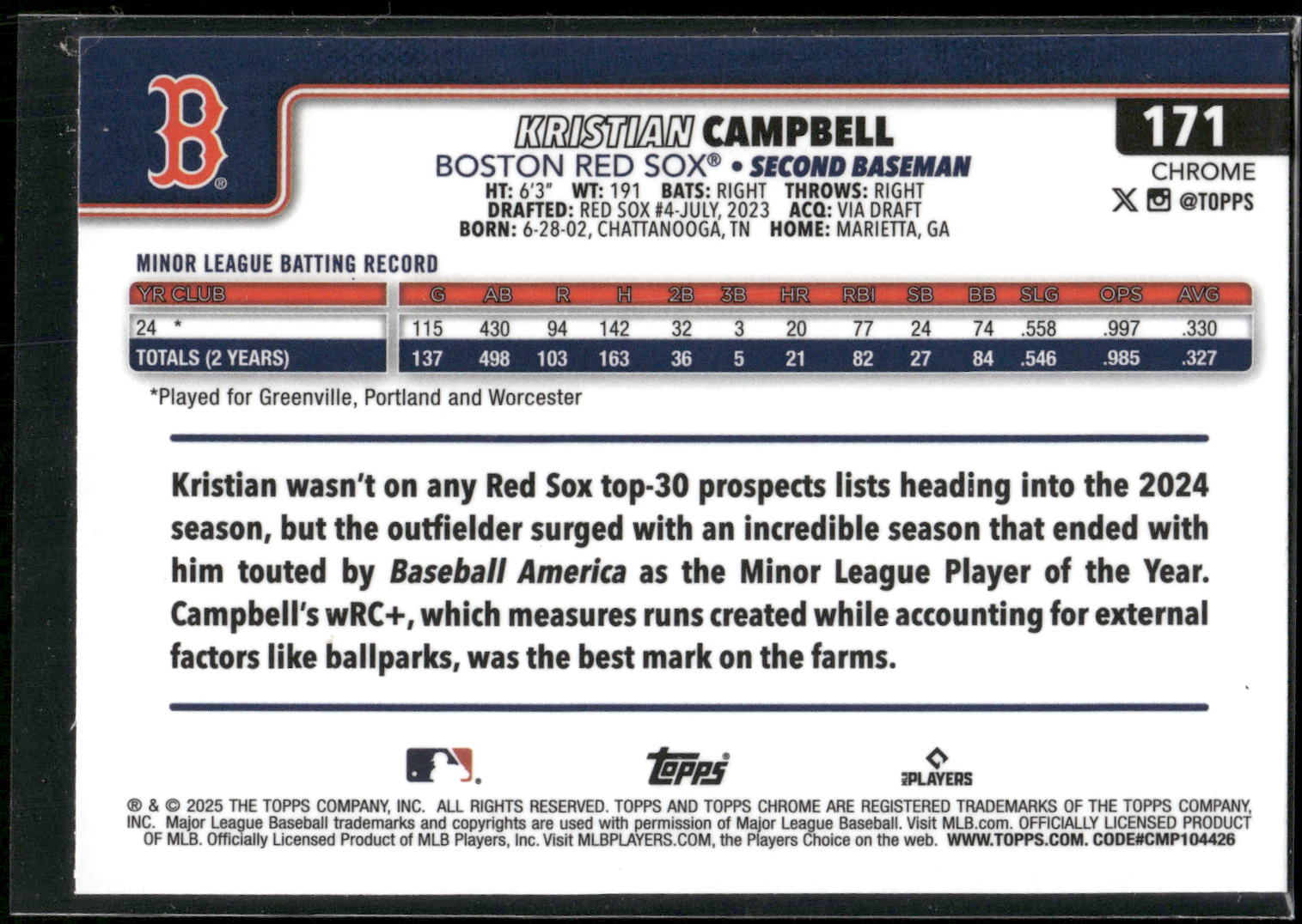 2025 Topps Chrome #171 Kristian Campbell Prism Refractors