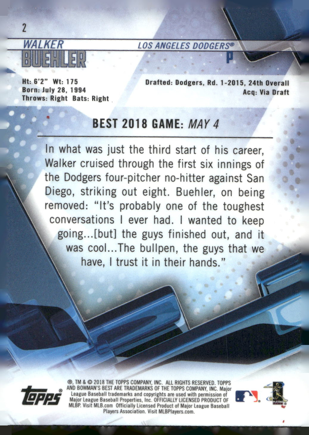 2018 Bowman's Best #2 Walker Buehler