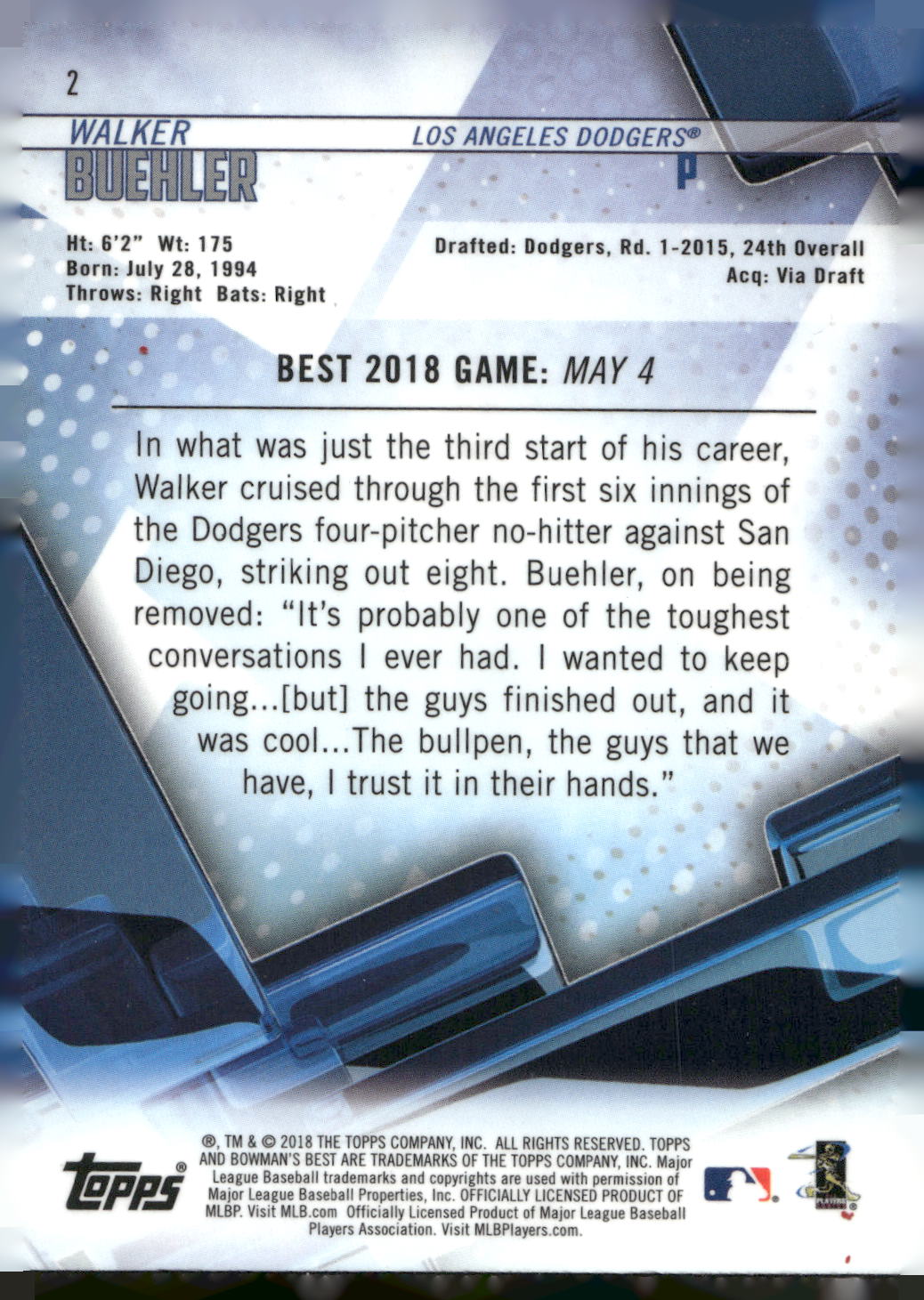 2018 Bowman's Best #2 Walker Buehler